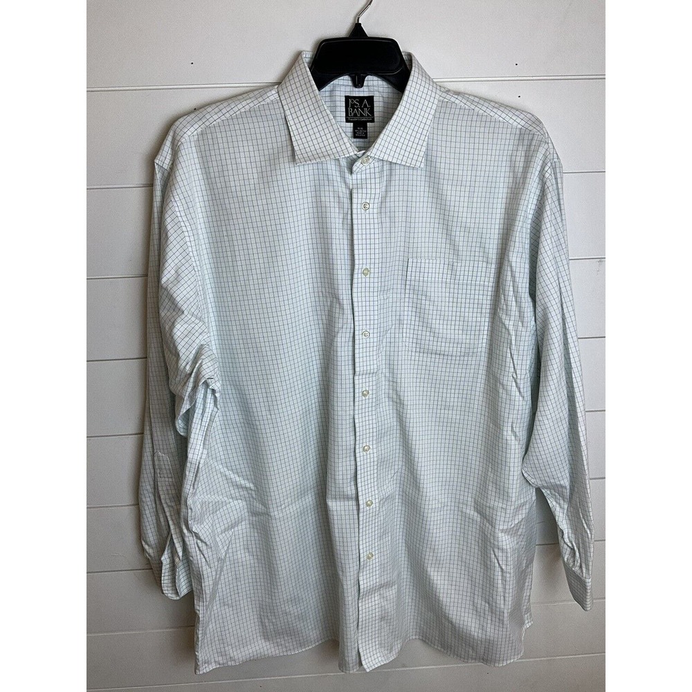 JOS Banks Men Blue & White Checked Cotton Dress Shirt 18-35 Preowned‎